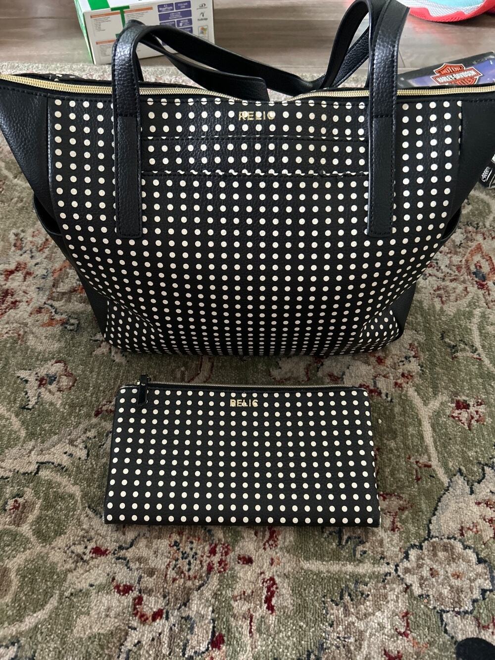 Relic by Fossil Black and White Polka Dot Tote Bag & Zip-Around Wallet Set